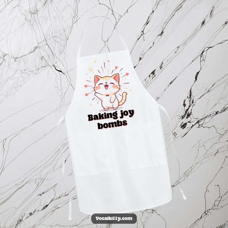 Funny cat apron with a character bursting with joyful sound like a firework, adding festive cheer to kitchen activities.