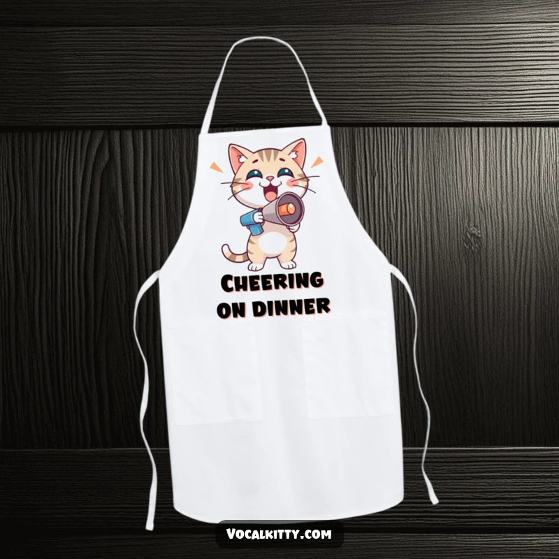 Funny cat character with a tiny megaphone, full of boisterous enthusiasm, wearing an apron, ready to cook.