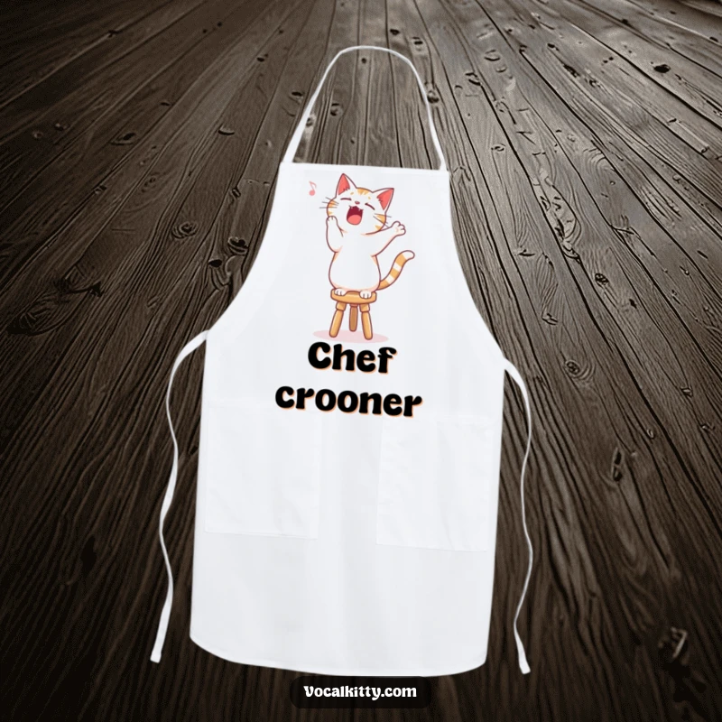 Funny singing cat apron, standing on a stool, belting out a song while cooking.