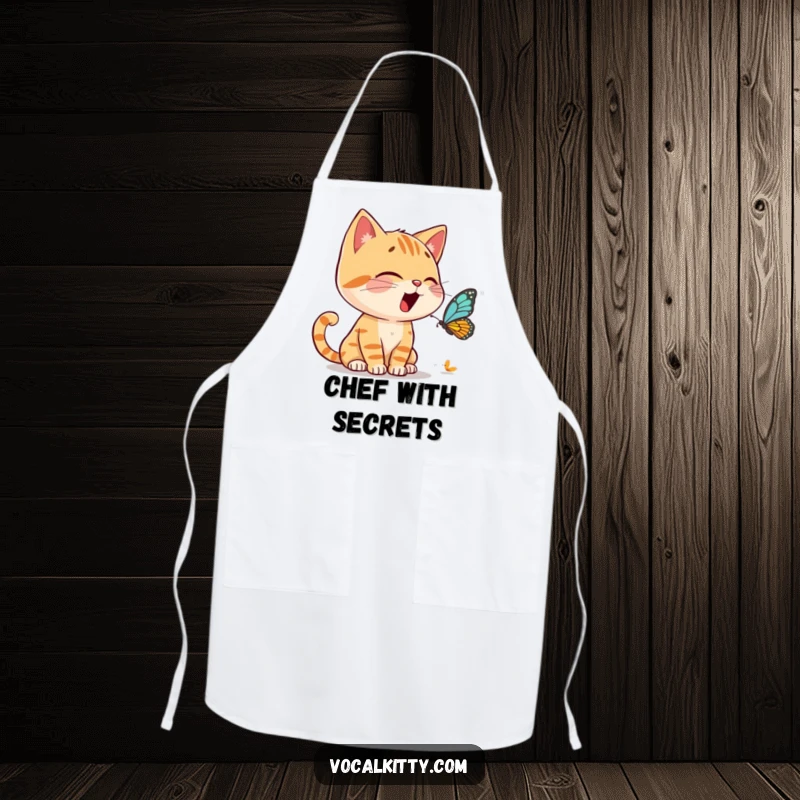 Funny Kitchen Apron showing a cat character animatedly conversing with a tiny butterfly, ready for kitchen chatter.
