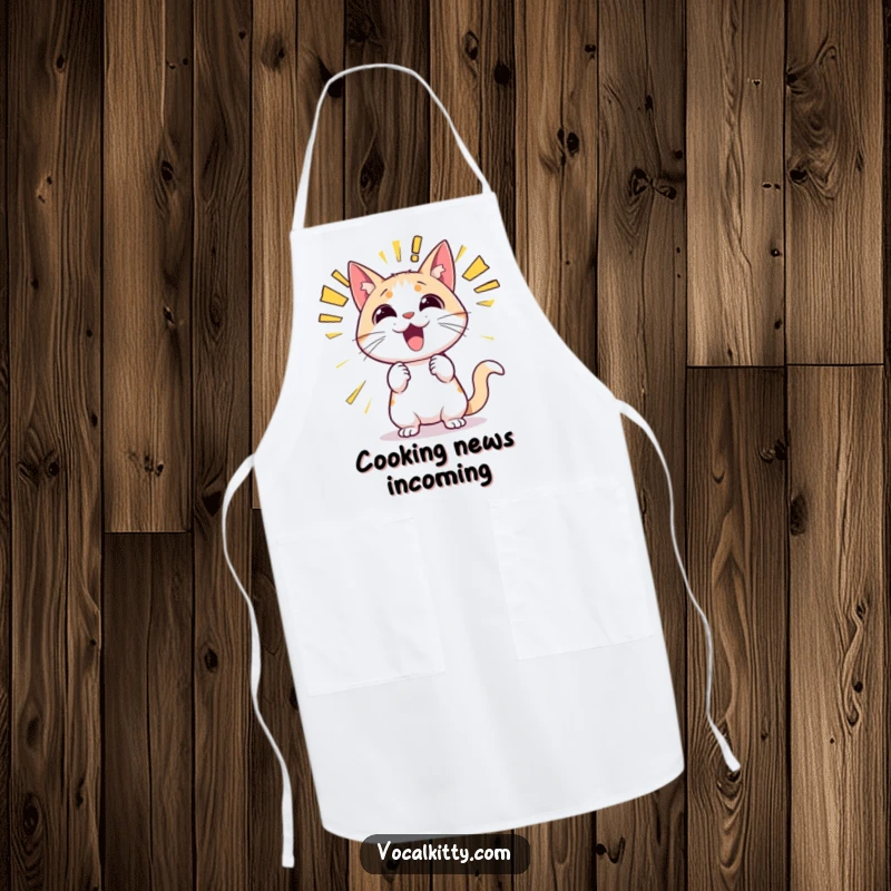 Funny cat apron design showing a chef cat character making a loud proclamation using bold, energetic sound effect text like 'SIZZLE!' and 'YUM!'.