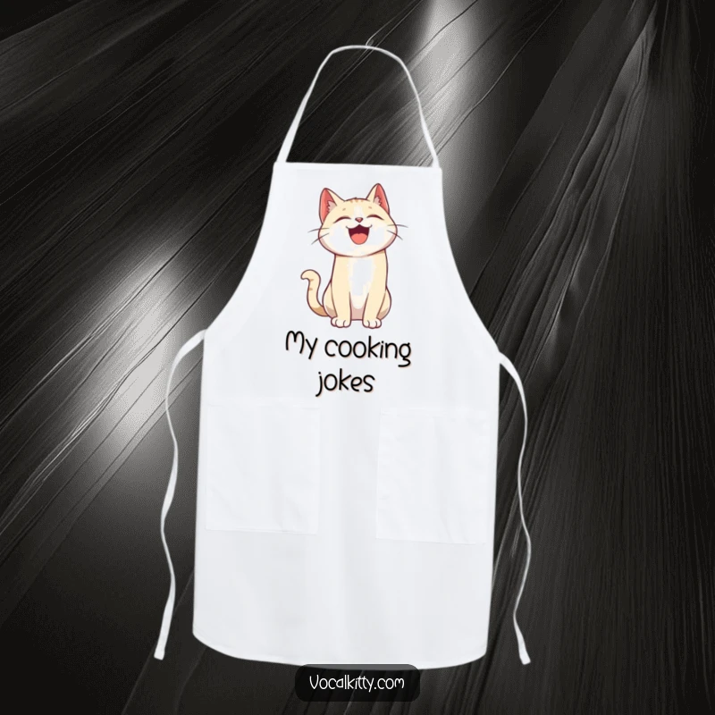 Funny apron with a cartoon cat character caught in a hilarious, head-back laugh while cooking in the kitchen.
