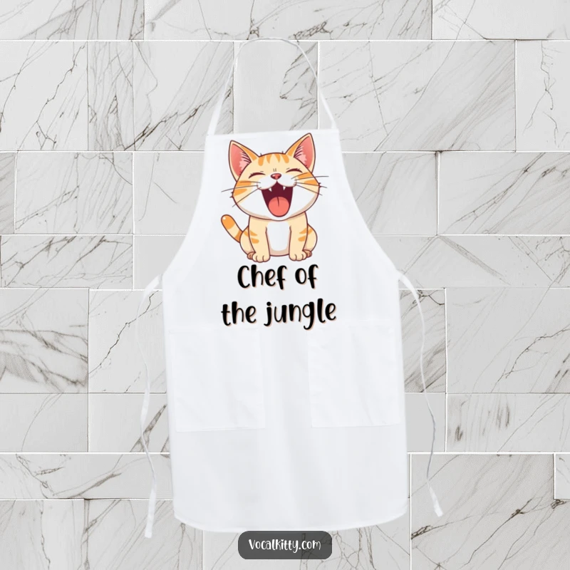 Funny Apron with a cat's mouth wide open, unleashing a joyful roar, perfect for a loud and proud chef.