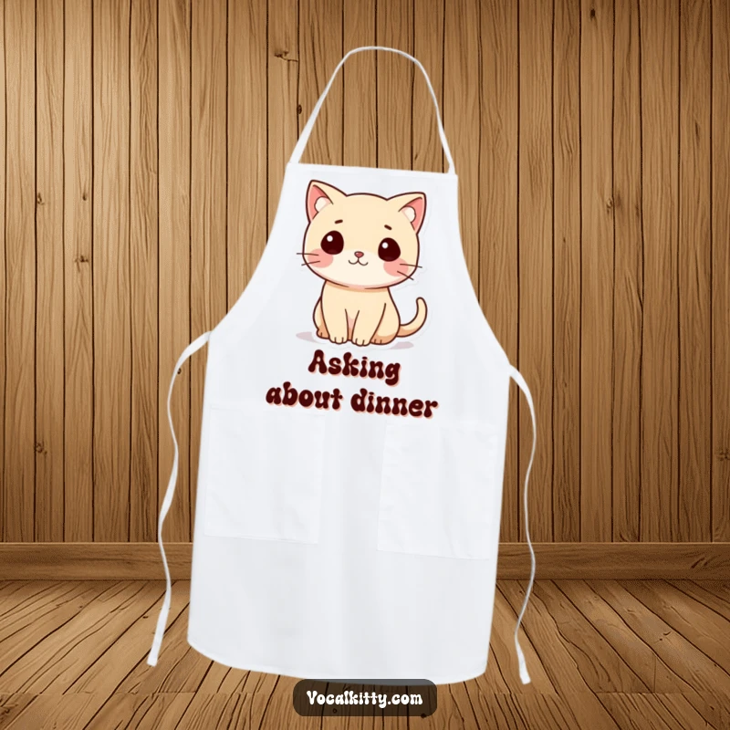 Funny Cat Apron depicting a small cat with its tail shaped like a question mark, ready for kitchen fun.