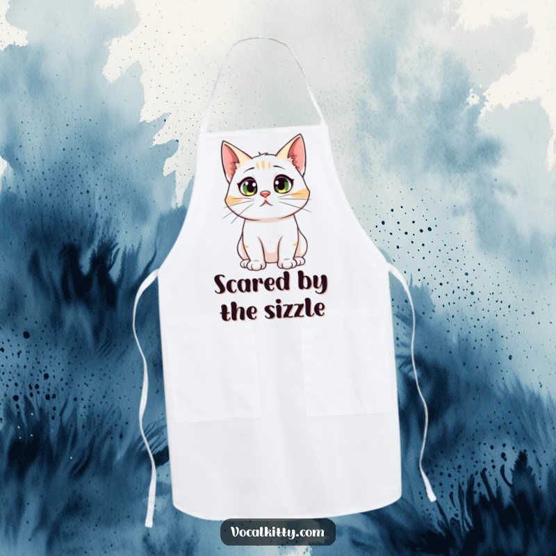 Funny apron with a cat having comically large ears, looking startled by noise, perfect for adding humor to kitchen activities.