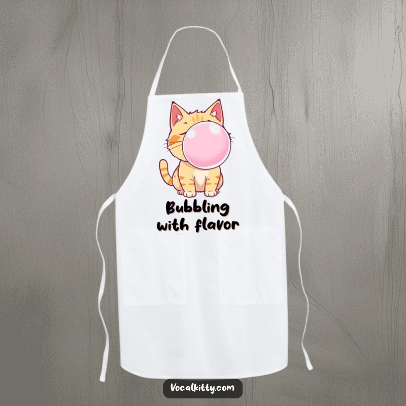 Funny cat apron design showing a kitty blowing a massive, sticky bubble gum bubble, adding humor to cooking and baking tasks.