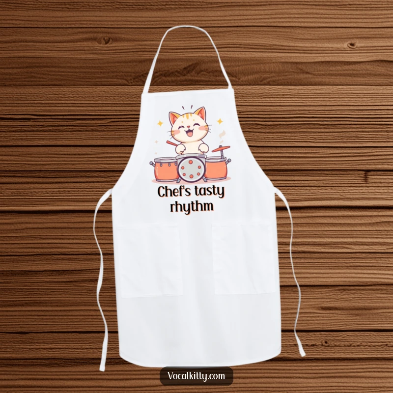 Funny cat wearing an apron, drumming on pots and pans, kitchen accessory.