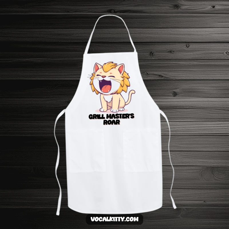 Funny cat wearing an apron, roaring like a tiny lion, kitchen accessory.