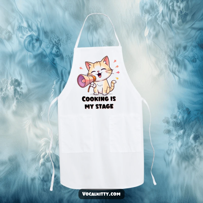 Funny apron with a cat holding a megaphone and emitting colorful sound waves, perfect for adding humor to cooking and baking activities.