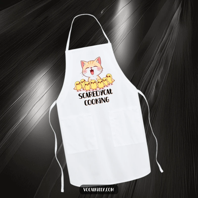 Funny cat character meowing loudly in the kitchen, startling tiny birds, wearing an apron, causing chaos.