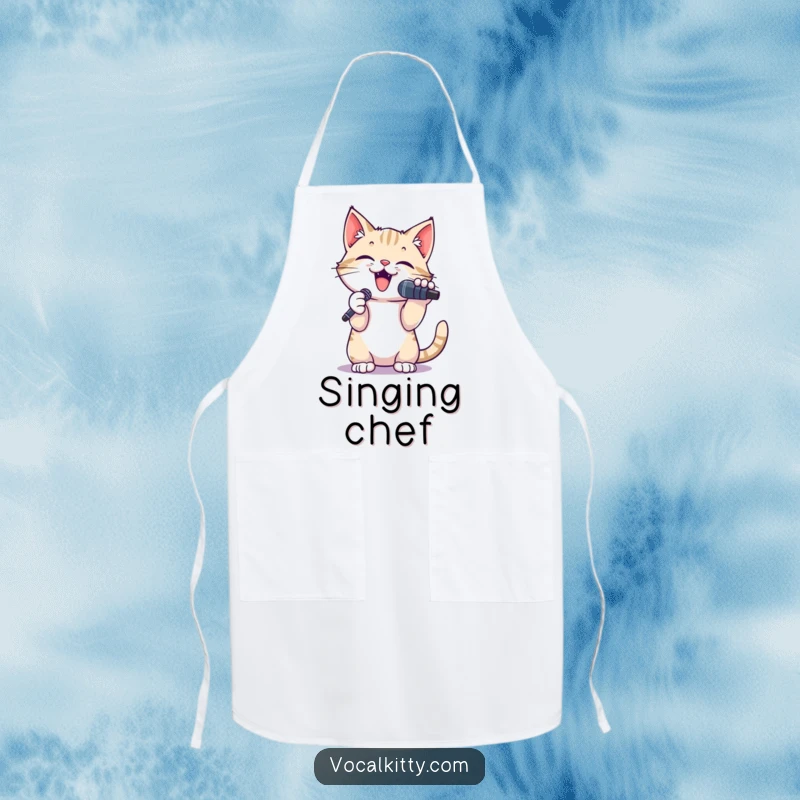 Funny apron depicting a small cat holding a microphone, paws raised, ready to sing with humorous culinary flair.