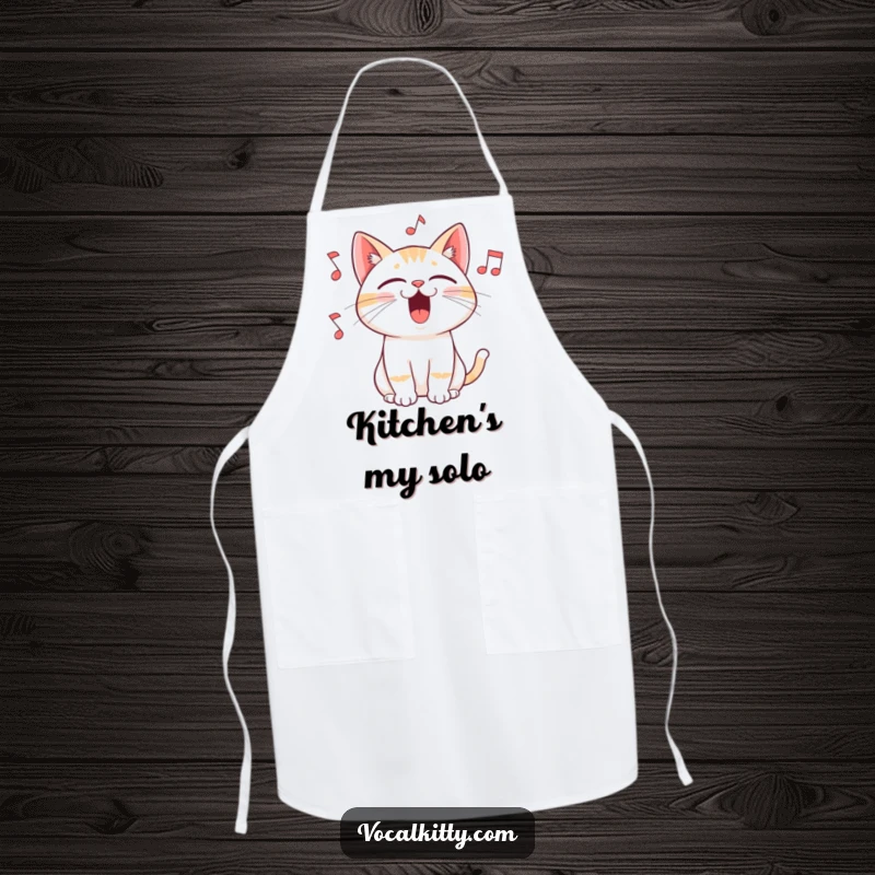 Funny apron with a cat singing with its mouth wide open and musical notes flying out, perfect for adding a humorous musical element to cooking.