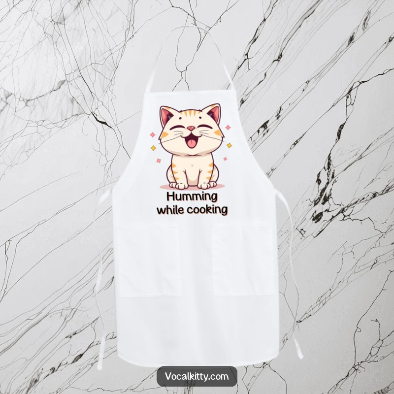 Funny apron illustrating a cartoon cat character with exaggerated, vibrating vocal cords, producing happy sound effects while cooking.