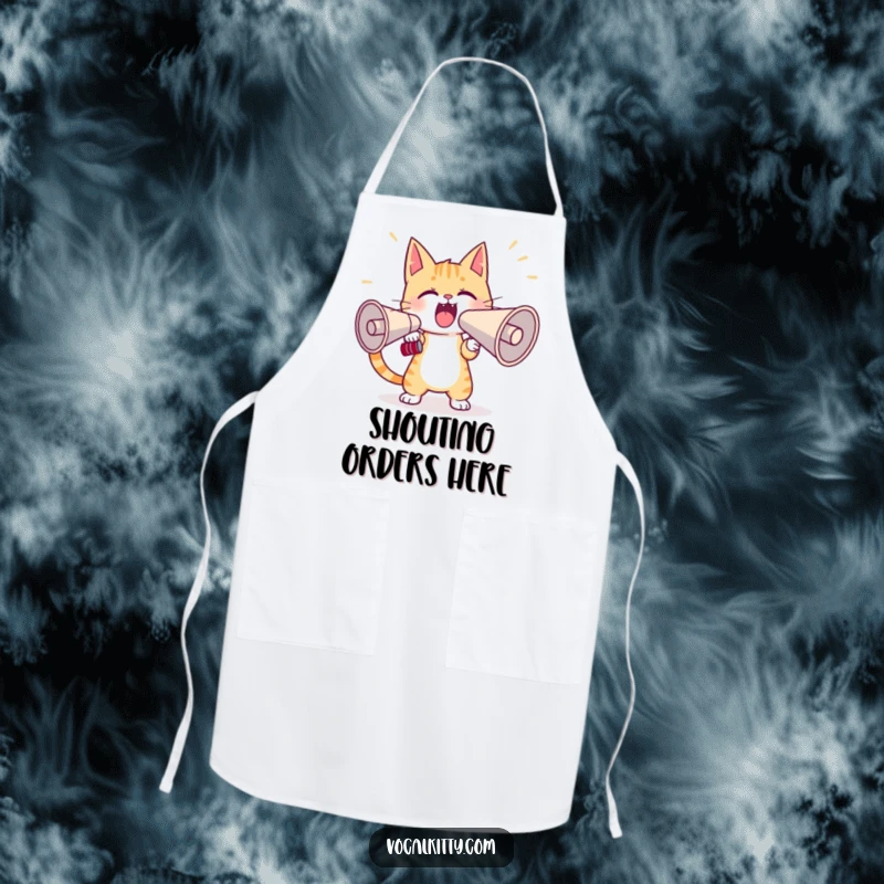 Funny cat apron showing a determined character practicing yelling into a giant megaphone, ideal for a humorous kitchen experience.