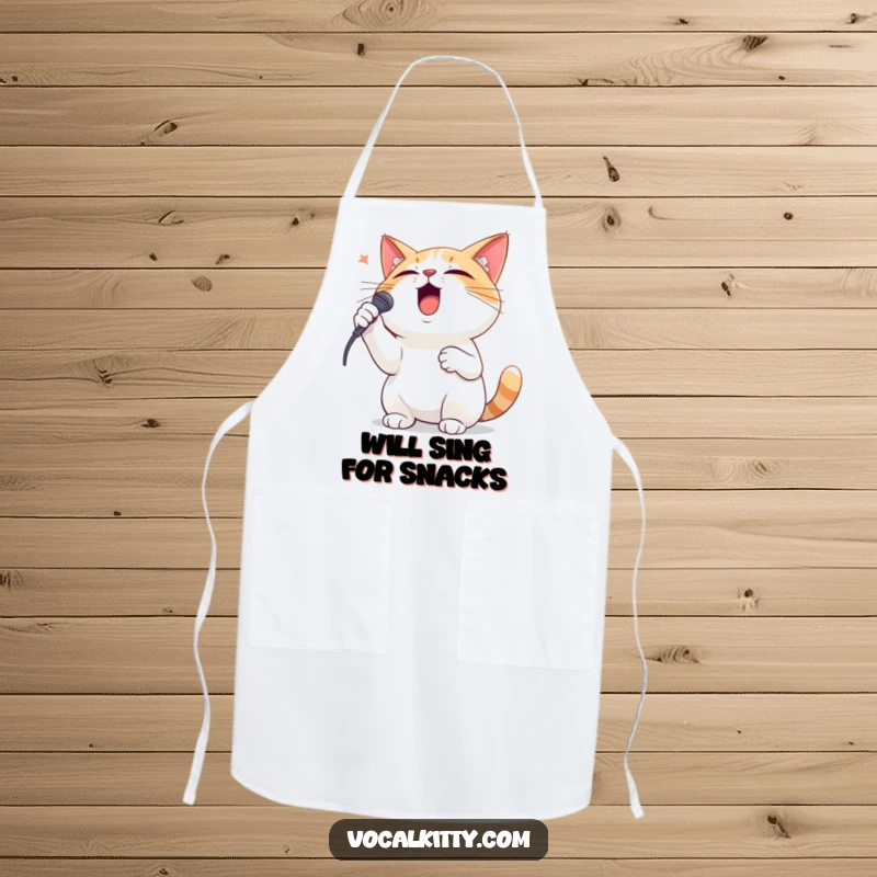 Funny apron with a dramatic cat singing loudly at the microphone, paw on chest, during a performance.