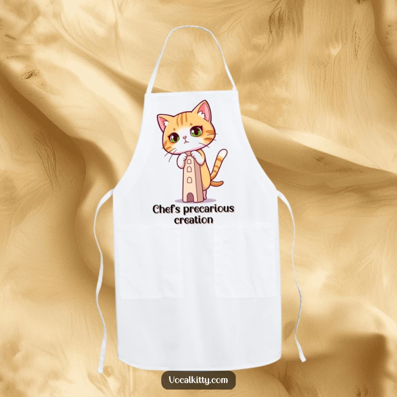 Funny Apron depicting a cat with laser-like concentration, balancing a tiny tower, perfect for precise cooking.