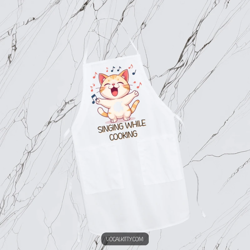 Funny Apron of a cat character singing a loud, joyful song with musical notes swirling around.