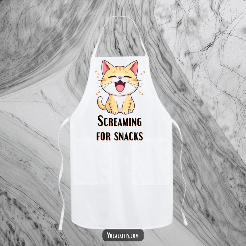 Funny Apron: A cat with its mouth wide open, emitting cartoon sound waves, ready for kitchen conversations with feline flair.
