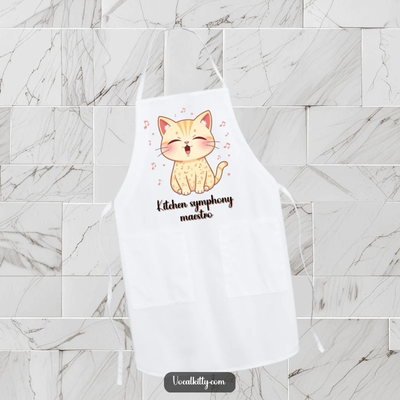 Funny musical cat apron, covered in music notes, eyes closed in serene vocal exertion.