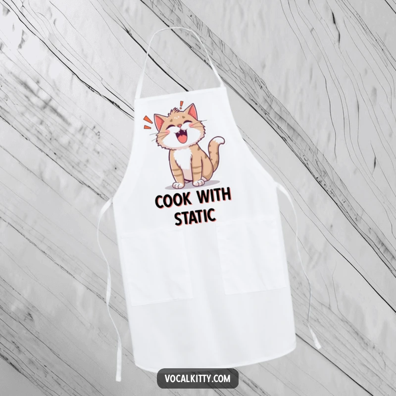 Funny shocked cat apron, fur on end, mid-cartoon 'ROAR!' showing surprise while cooking.