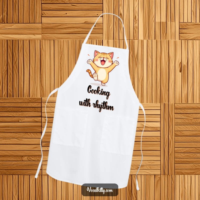 Funny Kitchen Apron showing a cat character stomping its feet with loud, happy energy, ready for kitchen fun.