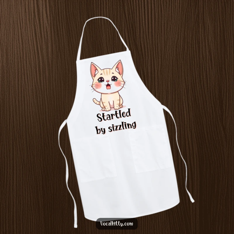 Funny startled cat apron, ears perked high, eyes wide, ready for any kitchen surprise with humorous awareness.