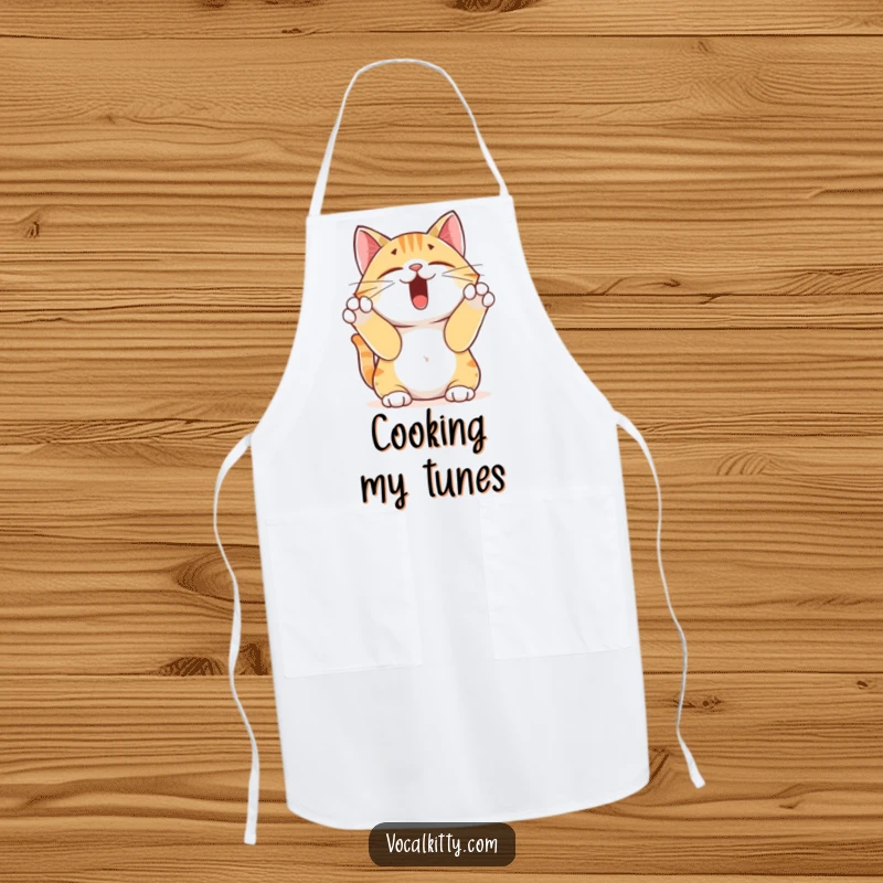 Funny yodeling cat apron, showing a cat yodeling loudly with its paws over its ears, ready for kitchen fun. Great for cooks.