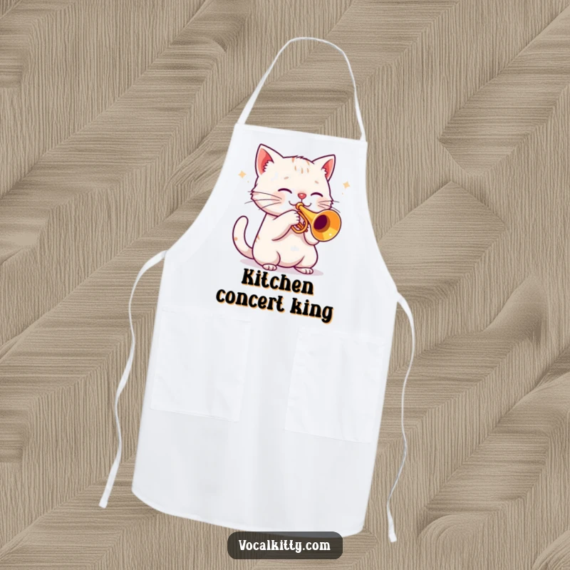 Funny cat wearing an apron, playing a trumpet while cooking, kitchen utensil humor.