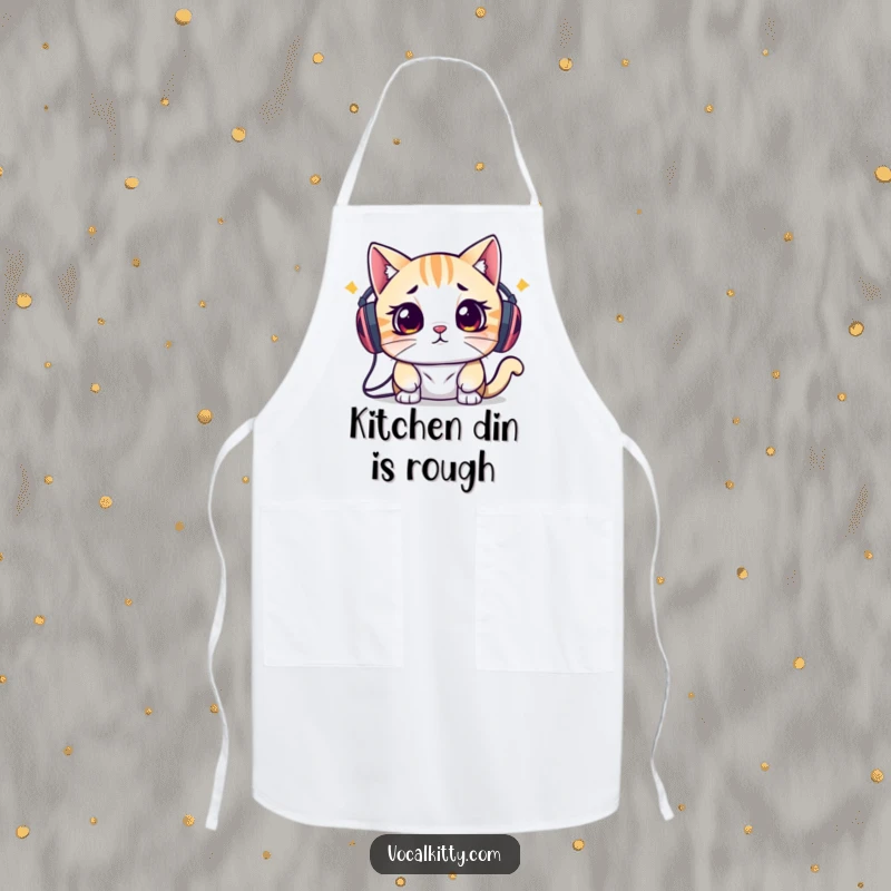 Funny apron with a cat wearing speakers and looking stressed, signaling a humorous desire for a quieter, less noisy cooking experience.