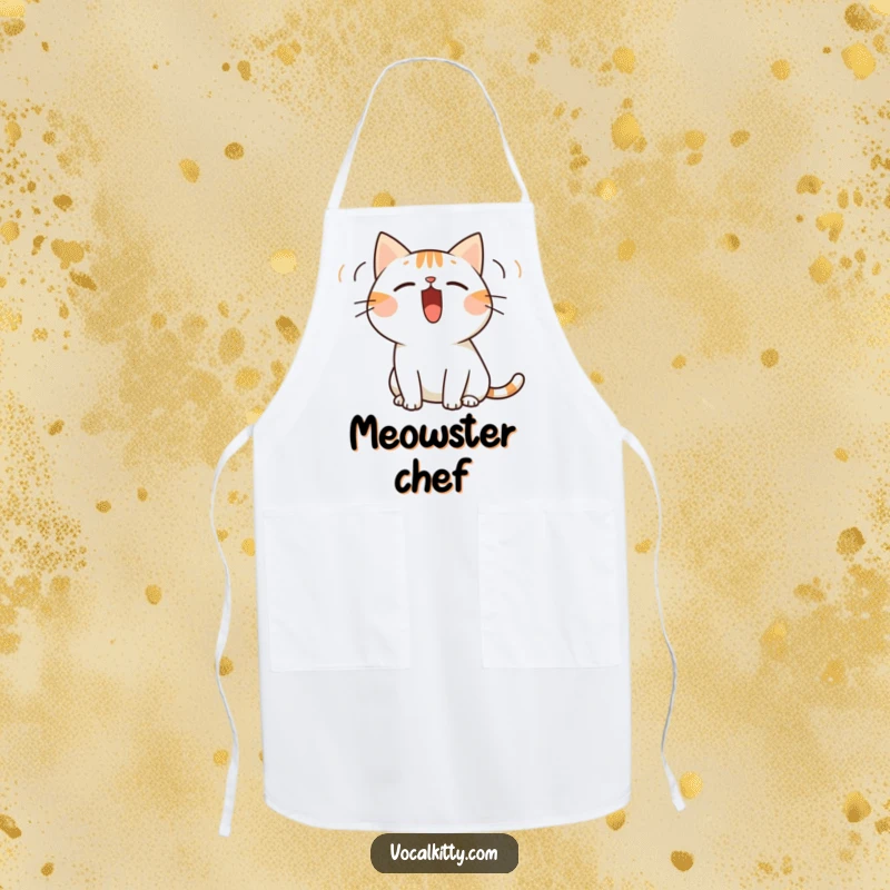 Funny apron with a simplified cat character whose mouth is wide open, emitting visible sound waves, perfect for loud cooks.