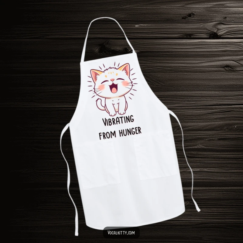 Funny cat character with vibrating fur caused by a funny noise, wearing an apron, mid-reaction.