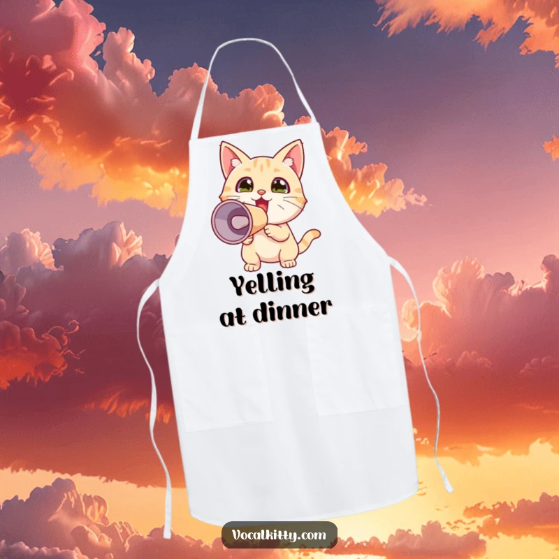 Funny apron featuring a tiny cat wearing an apron and holding a megaphone, ready to loudly announce the delicious meal being prepared.
