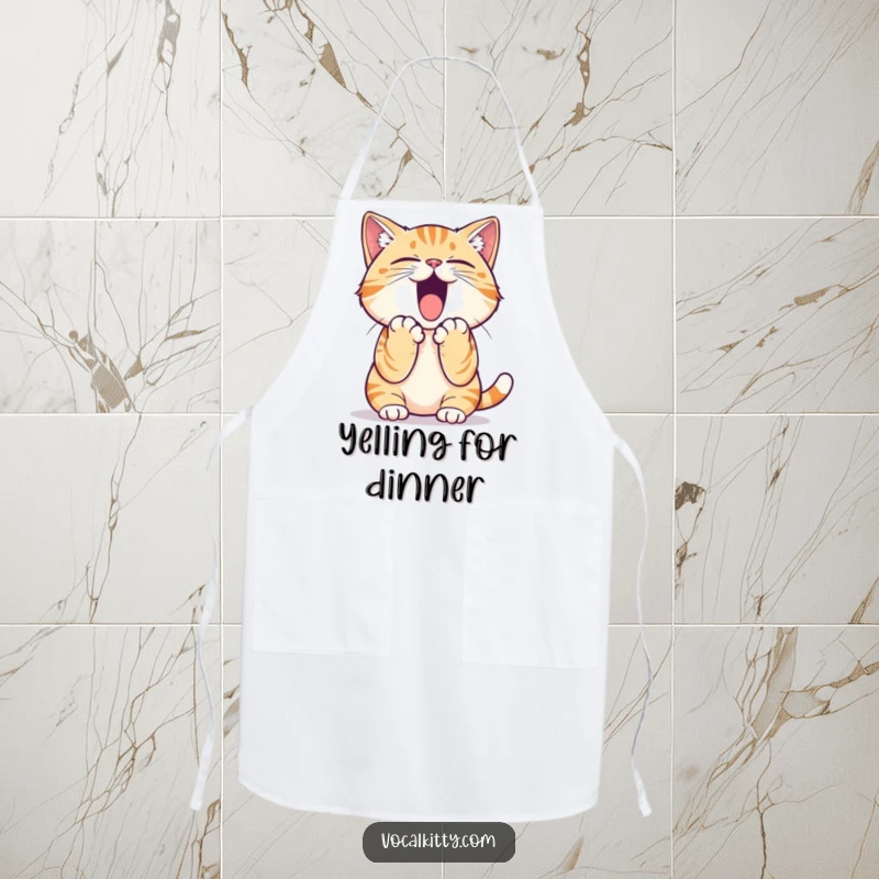 Funny cat apron design showing a cat preparing to let out a massive yell, paws cupped for amplified sound, perfect for chefs.
