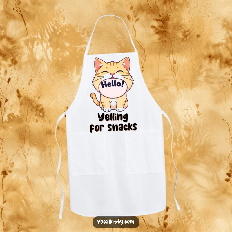 Funny cat wearing an apron, giant oval mouth open saying 'Hello!', kitchen accessory.