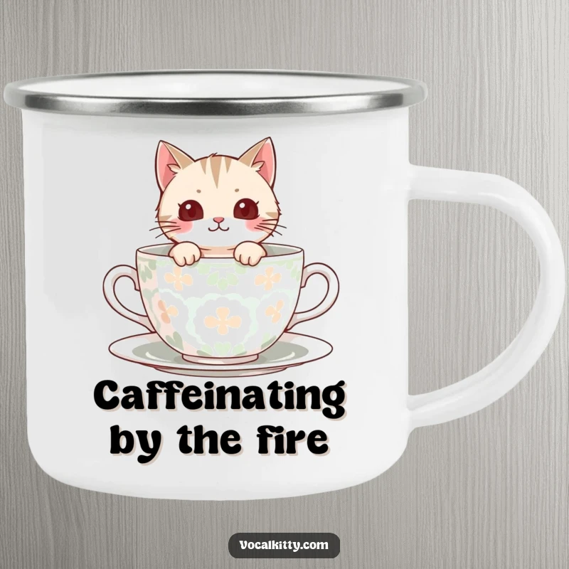 Funny Camping Mug featuring a cat peeking from a teacup, perfect for cozy outdoor adventures.