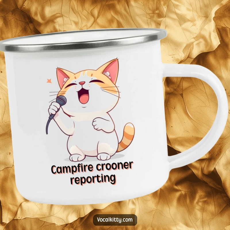 Funny camping mug showing a dramatic cat singing with great passion, one paw on its chest, under the stars.