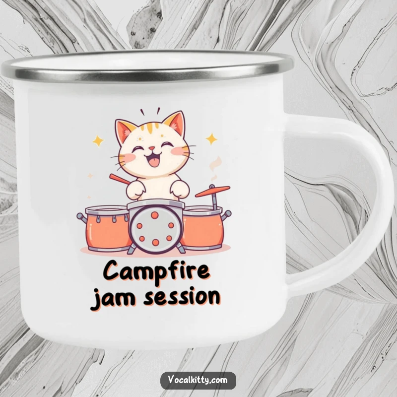 Funny cat by a campfire, drumming on pots and pans, enamel camping mug.