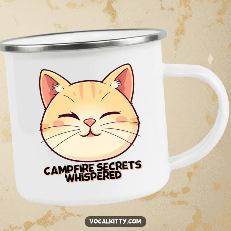 Funny cat camping mug showcasing a cartoon cat face with whiskers forming a playful wink, perfect for enjoying drinks during outdoor adventures.