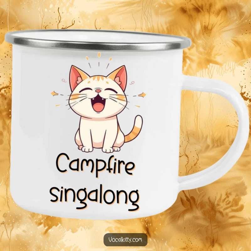 Funny camping mug featuring a cat with amplified sound waves, perfect for adventurers who enjoy expressing themselves loudly. Durable and amusing drinkware.