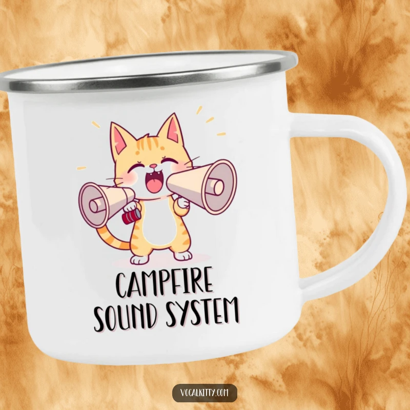 Funny cat camping mug showing a character practicing yelling into a giant megaphone, perfect for outdoor adventures and keeping spirits high.
