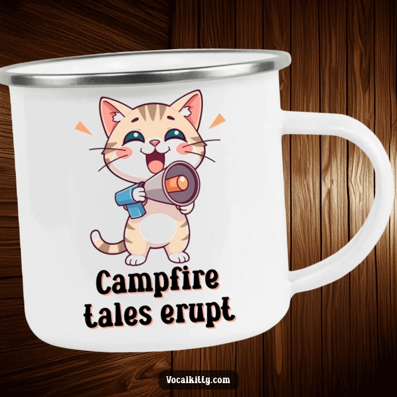 Funny cat character with a tiny megaphone, showing boisterous enthusiasm, on a camping mug.