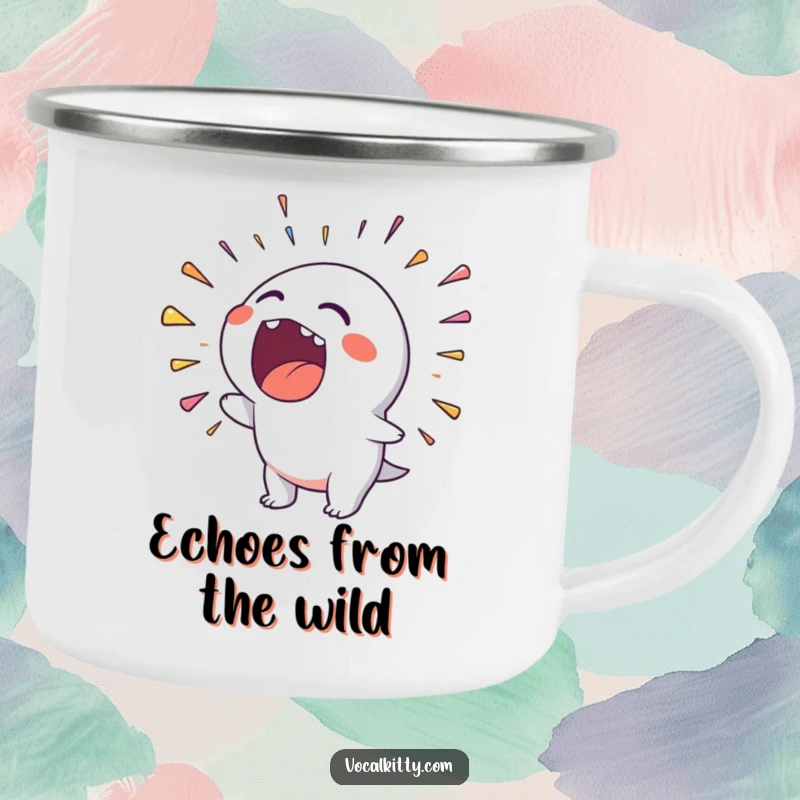Funny enamel camping mug with a character spewing a bright rainbow of noise, celebrating outdoor vocalizations.