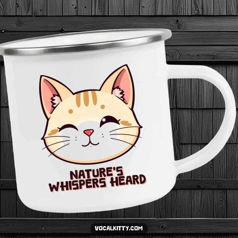 Funny camping mug: A stylized cat head with perked ears and vibrating whiskers, perfect for vigilant campers.