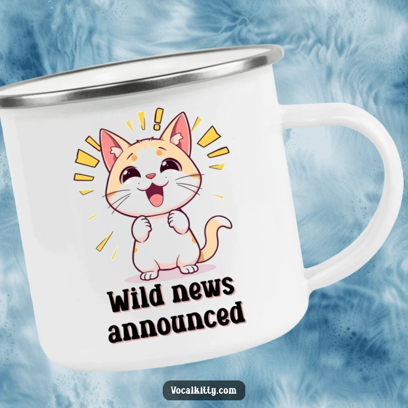 Funny cat camping mug showcasing a cat yelling with vibrant sound effect bubbles like 'WHOOSH!' and 'HEY!' suitable for outdoor adventures.