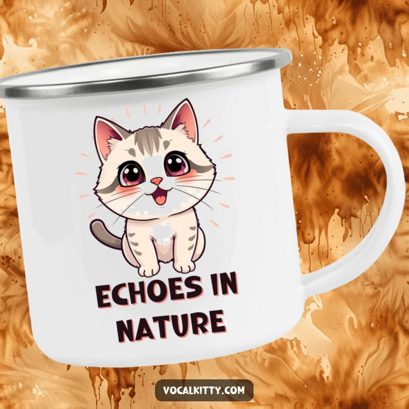 Funny cat camping mug showing an excited cat with radiating echo effects, symbolizing amplified joy for outdoor enthusiasts.