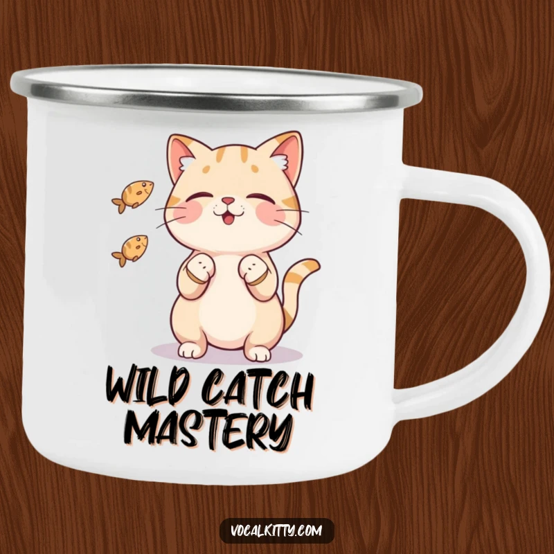 Funny cat camping mug showing a skilled cat character juggling three small fish with its paws, ideal for humorous outdoor use.