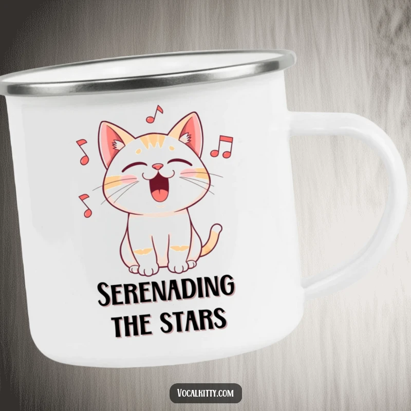Funny camping mug featuring a cat singing with its mouth wide open and musical notes flying out, perfect for outdoor enthusiasts who love music and cats.