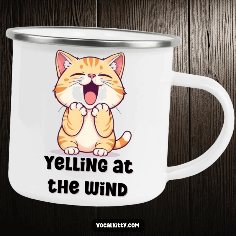 Funny cat camping mug showing a cat practicing a loud yell, paws cupped for maximum sound, ideal for outdoor enthusiasts.