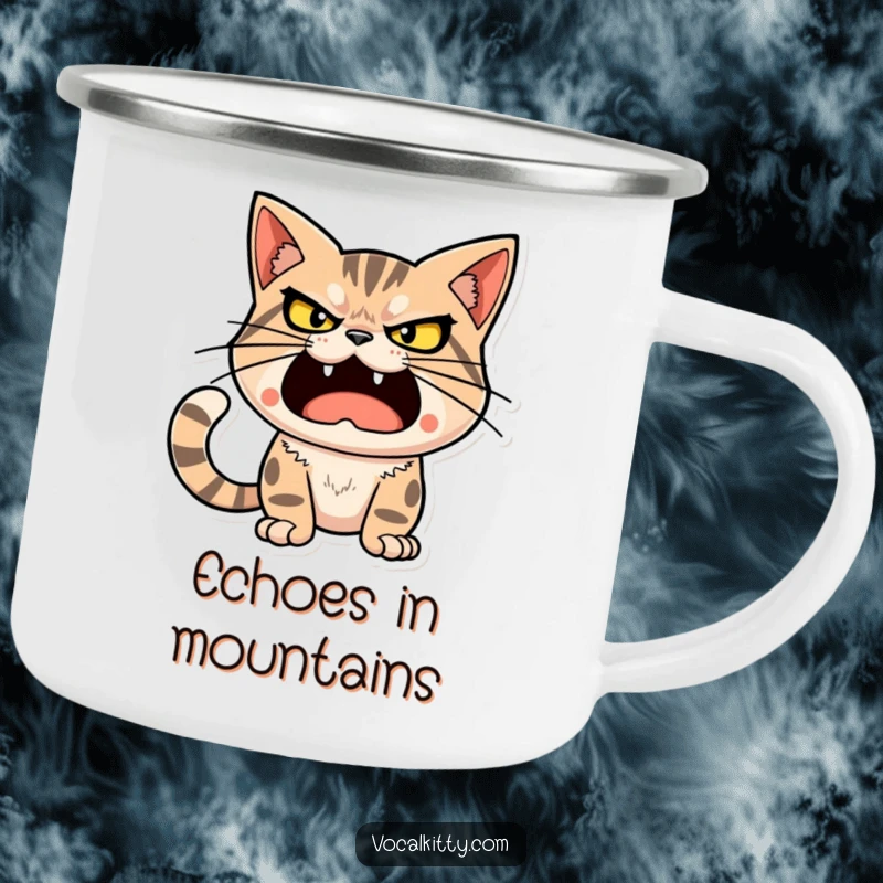 Funny cat character with a determined, loud expression, ready to unleash a big sound, on a camping mug.