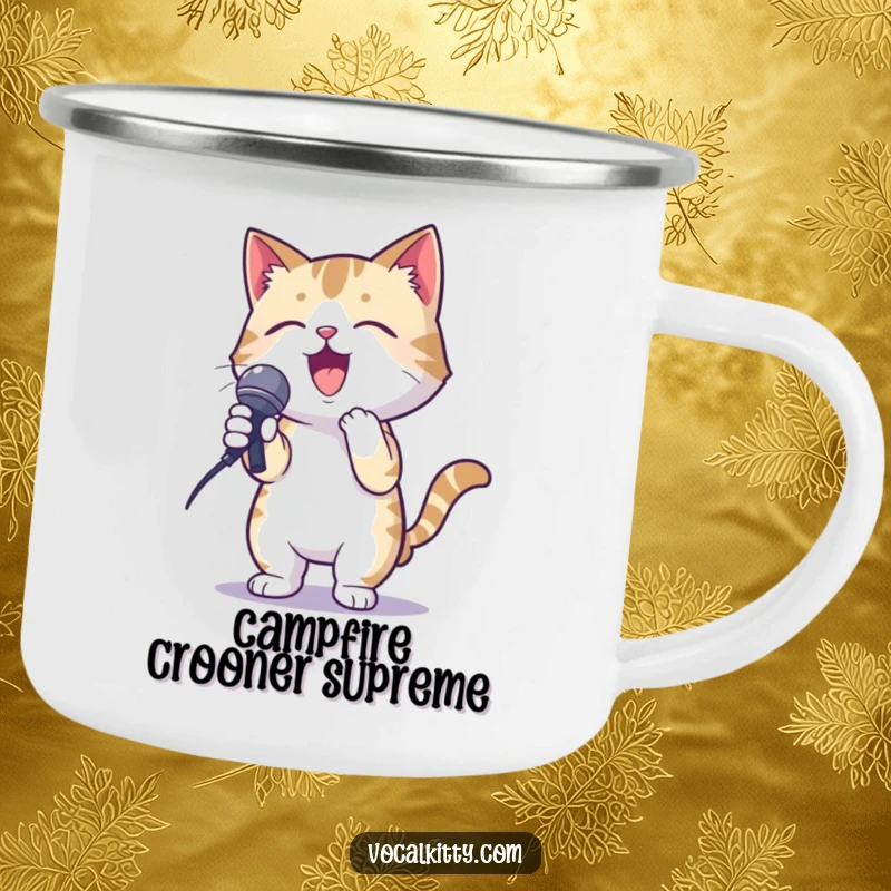 Funny camping mug showcasing a cat in a karaoke pose, holding a microphone with gusto, for outdoor music.